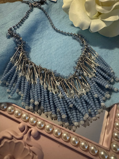 Signed White House Black Market Blue and Silver 16" Beaded Fringe Necklace