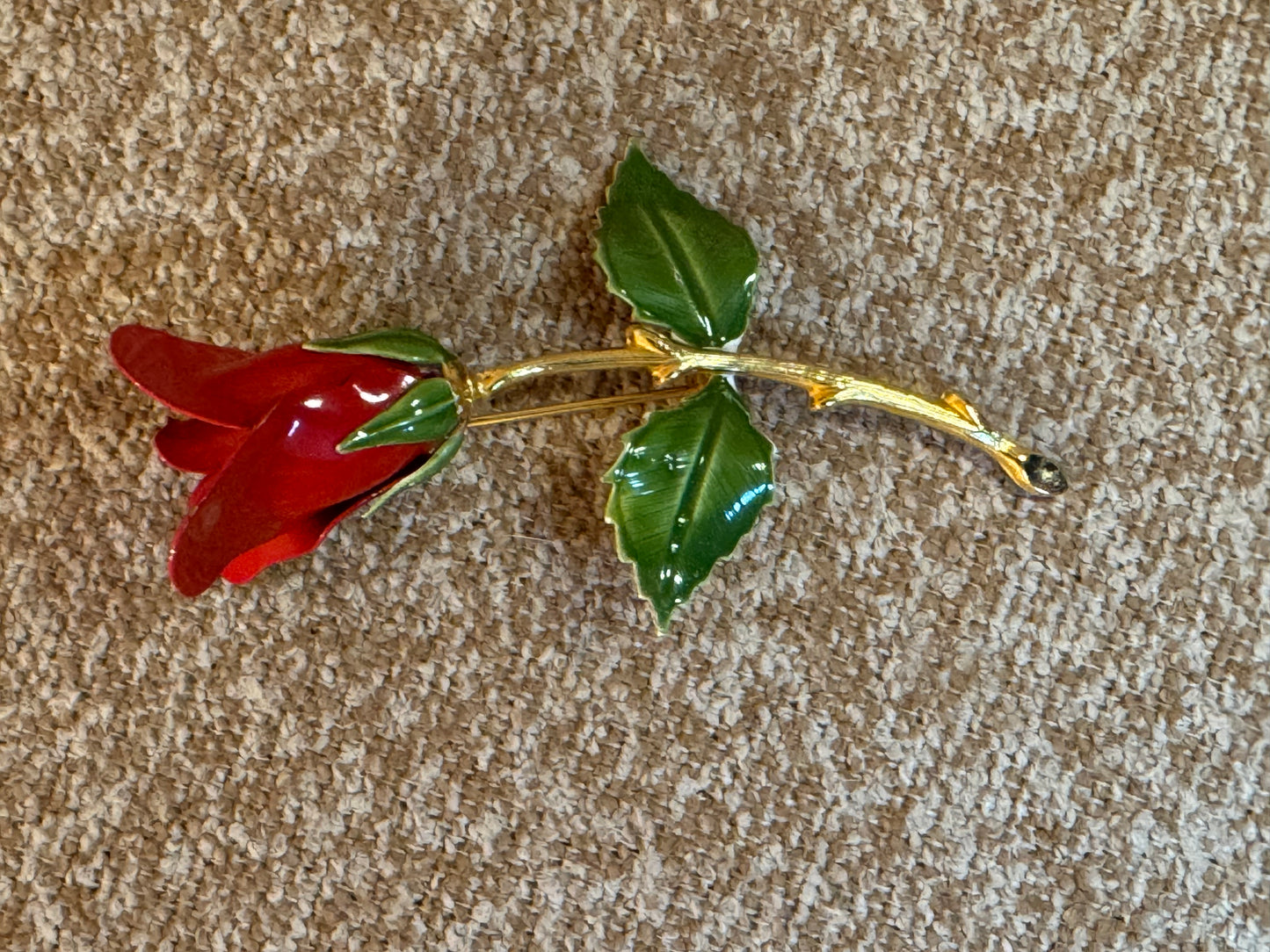 Vintage Gold-Tone Red Enamel Rose Brooch