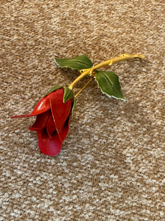Vintage Gold-Tone Red Enamel Rose Brooch