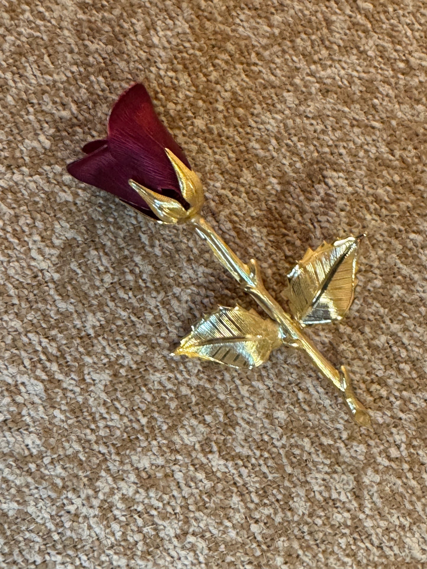 Vintage Gold-Tone Dark Red Rose Brooch Pin