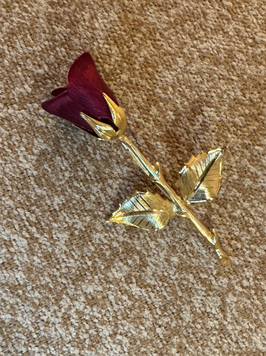 Vintage Gold-Tone Dark Red Rose Brooch Pin