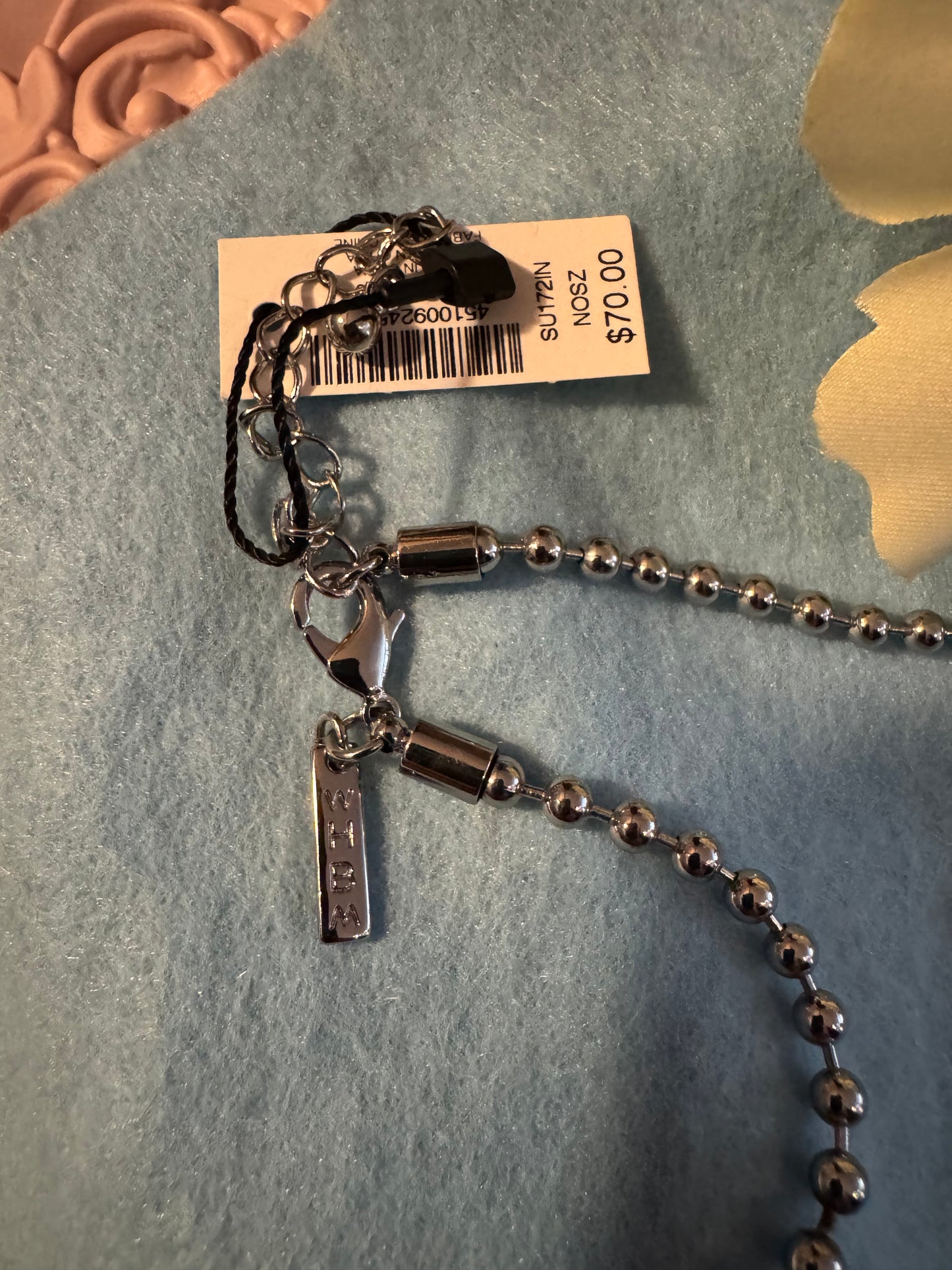 Signed White House Black Market Blue and Silver 16" Beaded Fringe Necklace
