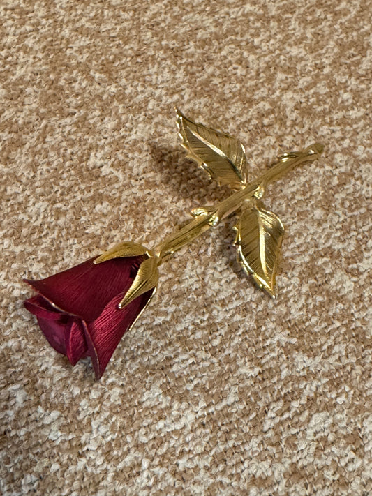Vintage Gold-Tone Dark Red Rose Brooch Pin