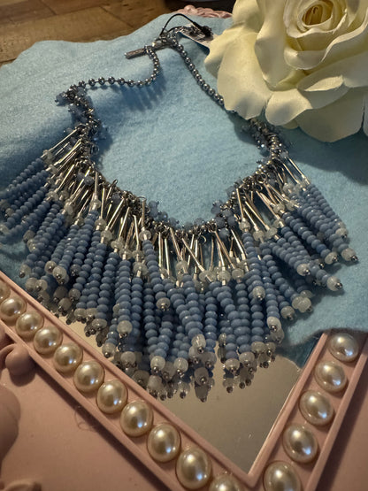 Signed White House Black Market Blue and Silver 16" Beaded Fringe Necklace