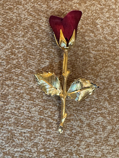 Vintage Gold-Tone Dark Red Rose Brooch Pin
