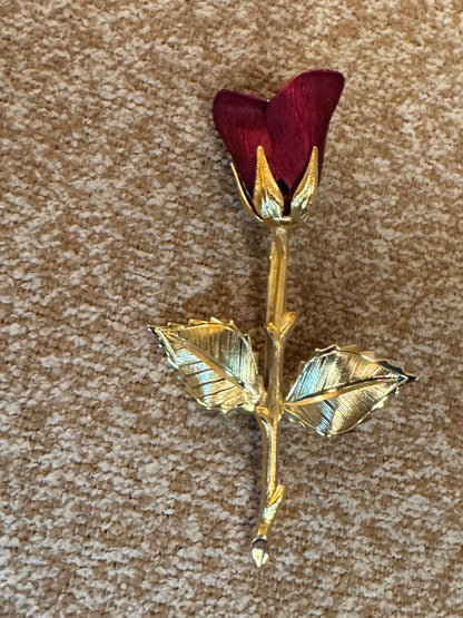 Vintage Gold-Tone Dark Red Rose Brooch Pin
