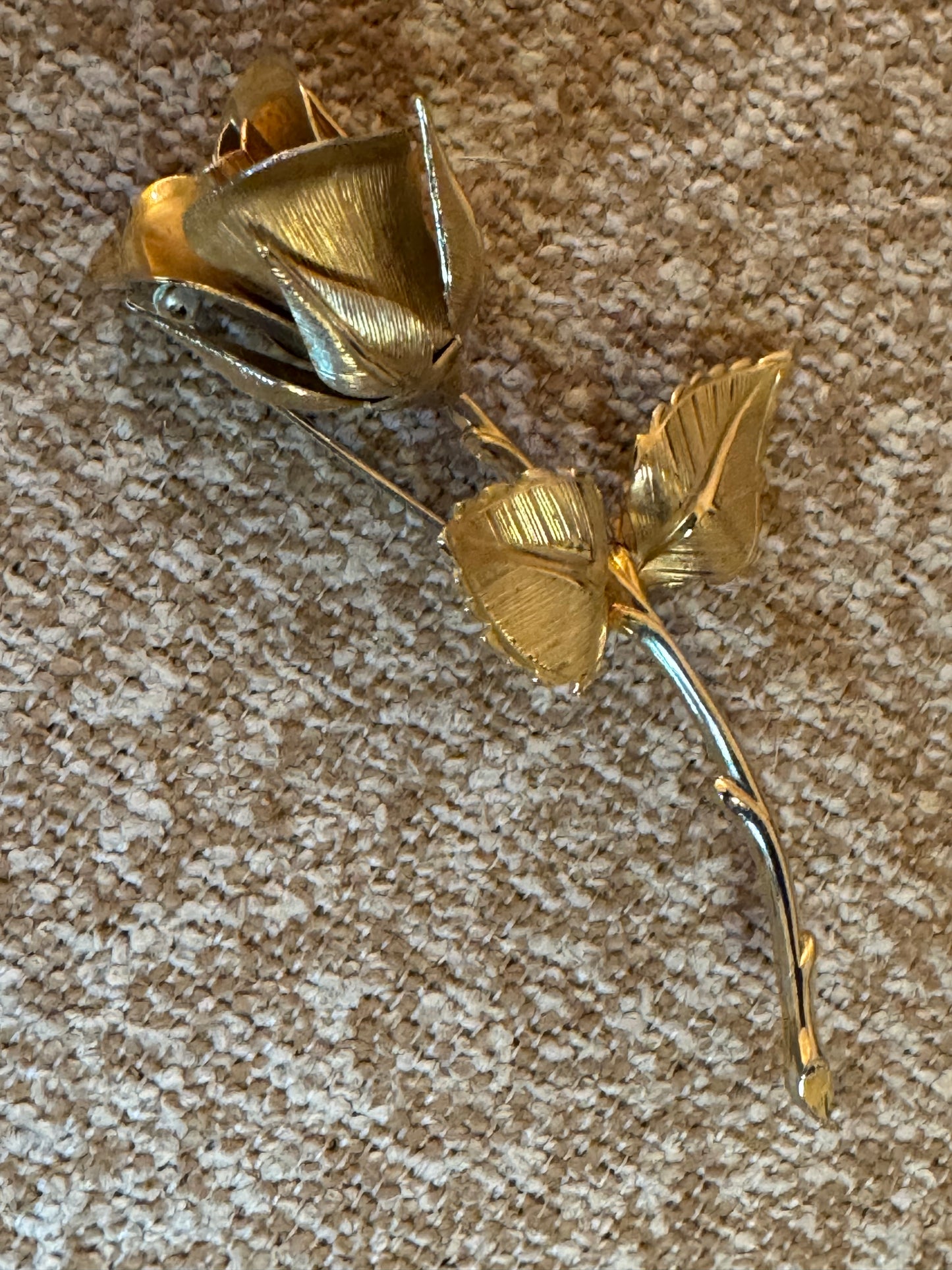 Vintage Gold-Tone Long Stem Rose Brooch