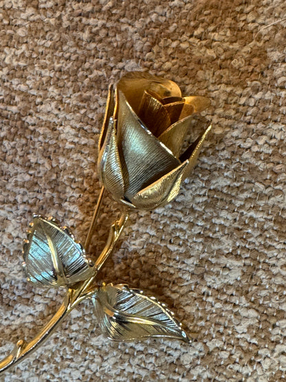 Vintage Gold-Tone Long Stem Rose Brooch