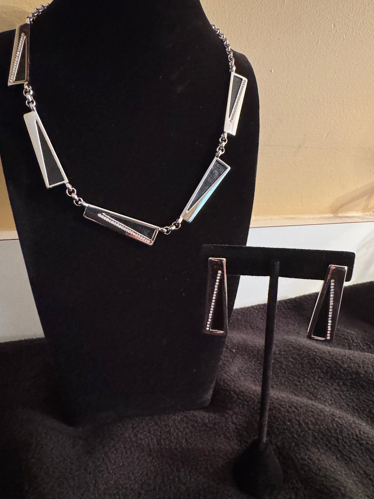 White House Black Market Silver-Tone Necklace and Earring Set with Stones and Pavé Crystals and Earring Set