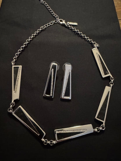 White House Black Market Silver-Tone Necklace and Earring Set with Stones and Pavé Crystals and Earring Set