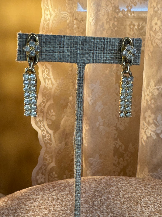 Vintage-Style Gold-Tone Rhinestone Clip-On Dangle Earrings