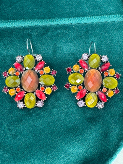 Vintage Signed Liz Claiborne "LC" Faceted Gemstone Cluster Drop Earrings