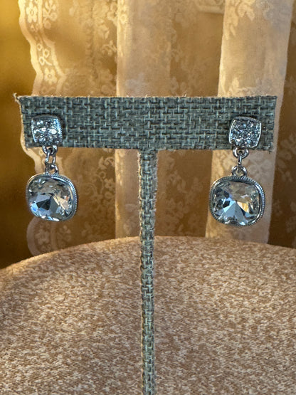 Vintage Signed Monet Cushion-Cut Crystal Drop Earrings – Silver Tone