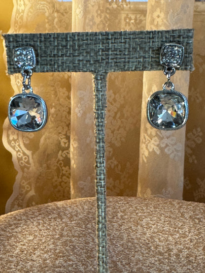 Vintage Signed Monet Cushion-Cut Crystal Drop Earrings – Silver Tone