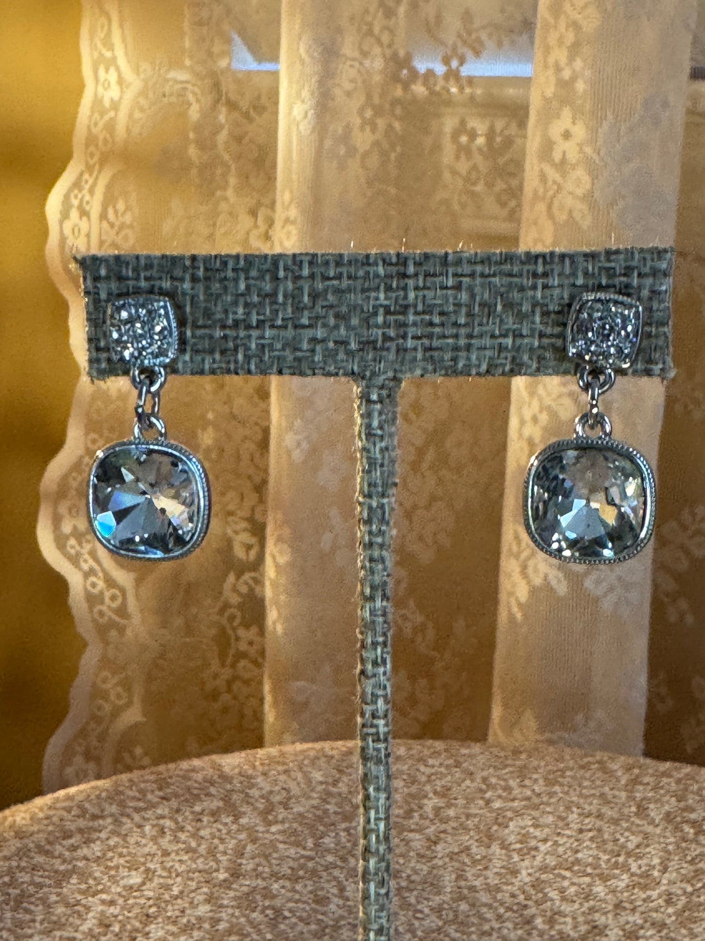 Vintage Signed Monet Cushion-Cut Crystal Drop Earrings – Silver Tone