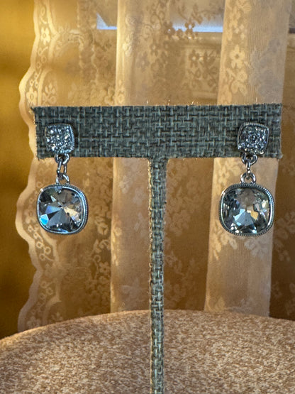 Vintage Signed Monet Cushion-Cut Crystal Drop Earrings – Silver Tone