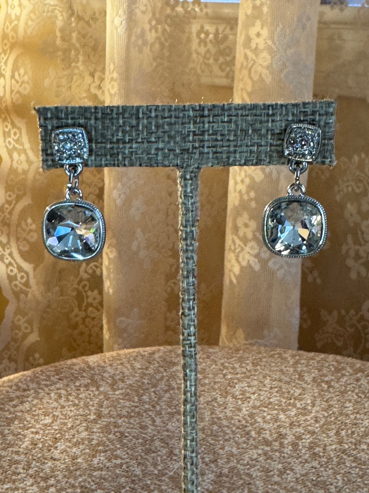 Vintage Signed Monet Cushion-Cut Crystal Drop Earrings – Silver Tone