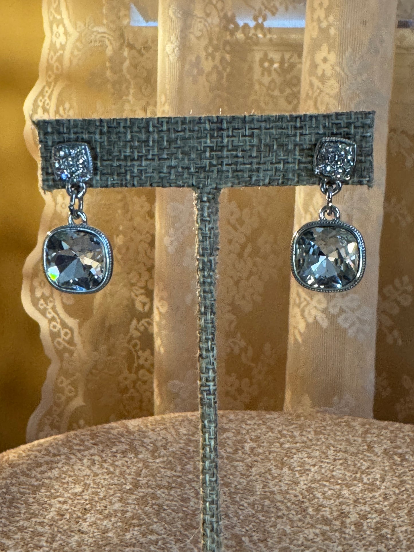 Vintage Signed Monet Cushion-Cut Crystal Drop Earrings – Silver Tone