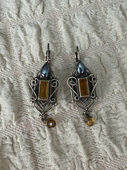 Vintage Filigree Amber & Hematite Leverback Earrings