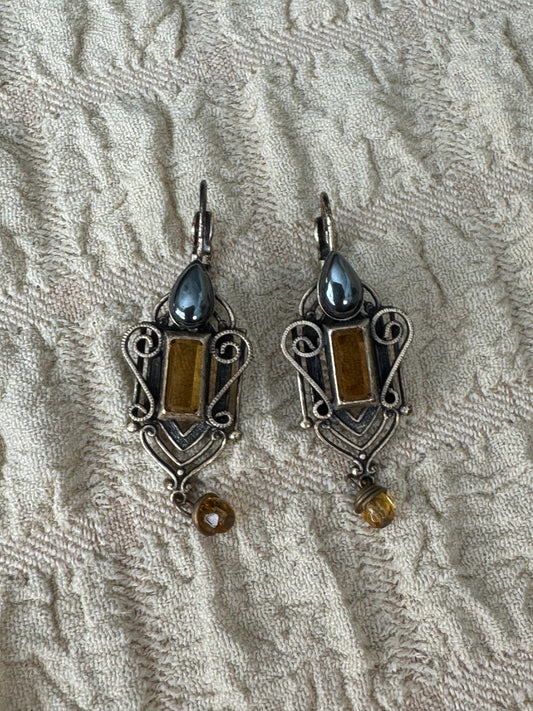 Vintage Filigree Amber & Hematite Leverback Earrings
