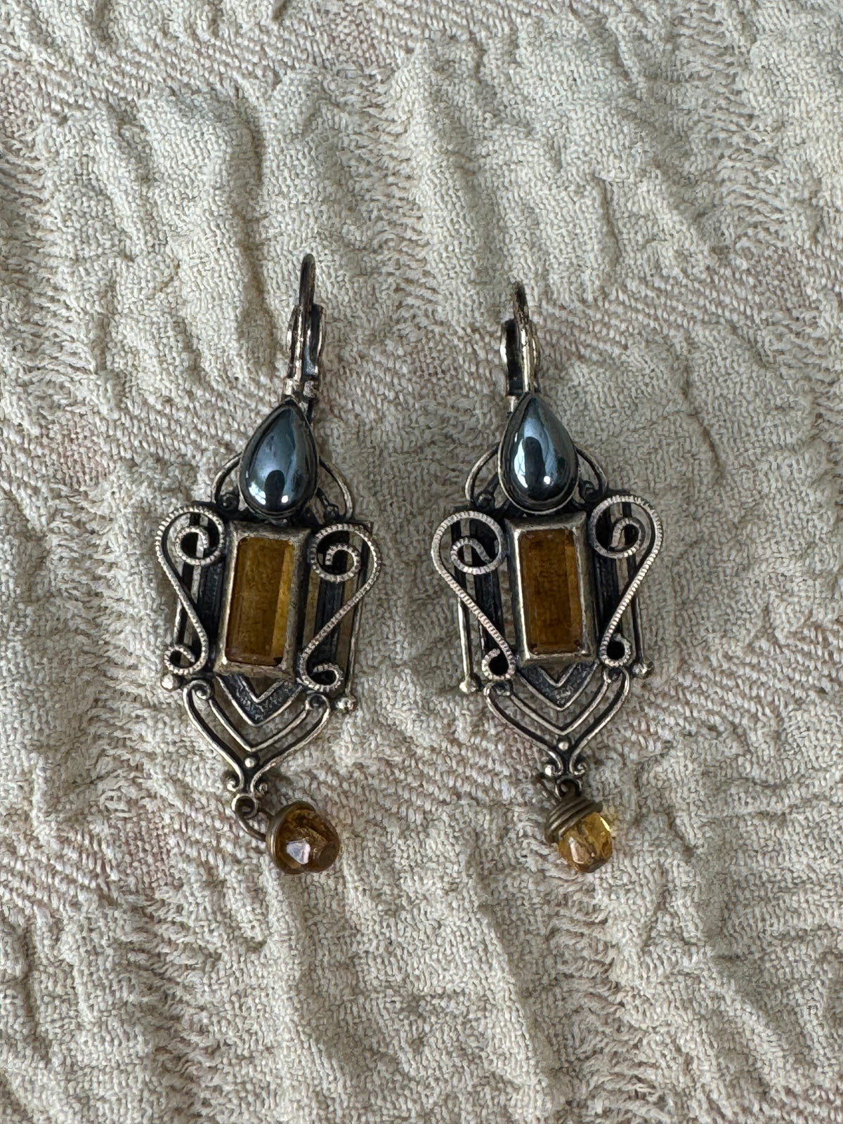 Vintage Filigree Amber & Hematite Leverback Earrings