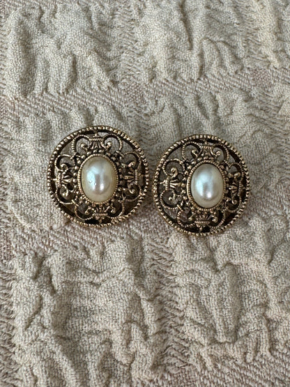 Vintage Victorian Revival Faux Pearl Filigree Post Earrings