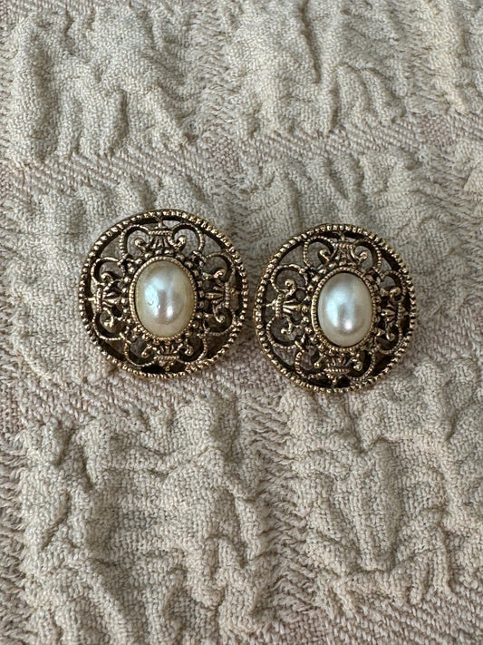 Vintage Victorian Revival Faux Pearl Filigree Post Earrings