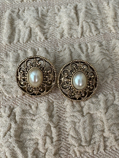 Vintage Victorian Revival Faux Pearl Filigree Post Earrings