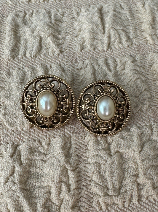 Vintage Victorian Revival Faux Pearl Filigree Post Earrings