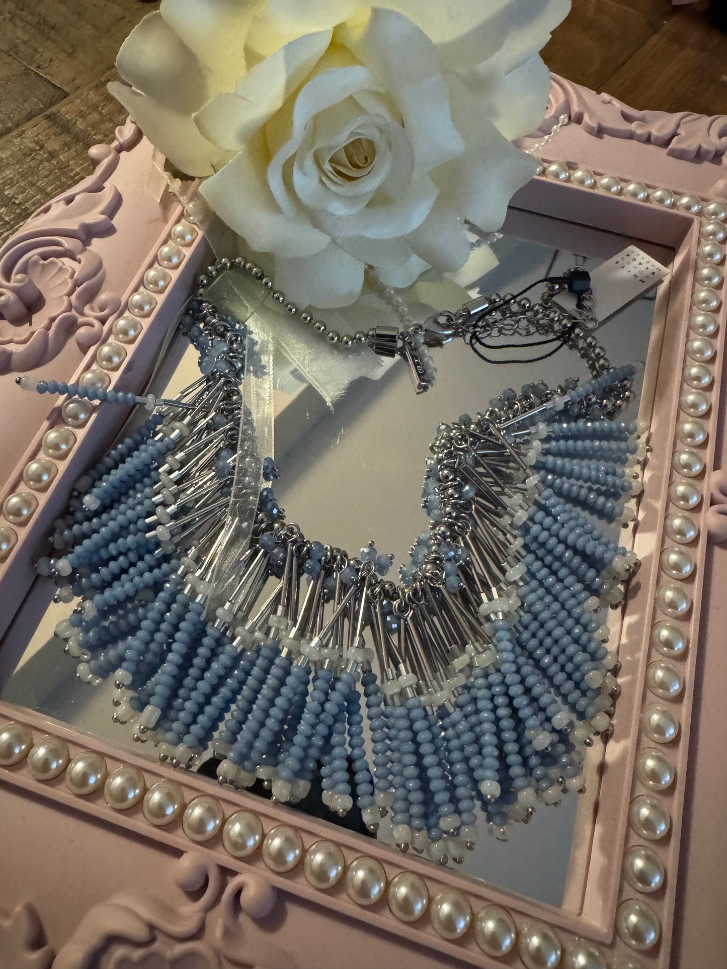 Signed White House Black Market Blue and Silver 16" Beaded Fringe Necklace