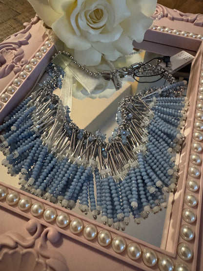 Signed White House Black Market Blue and Silver 16" Beaded Fringe Necklace