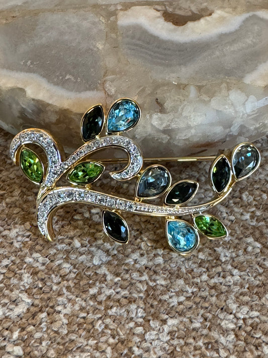 Vintage-Style Gold-Tone Floral Branch Brooch with Colorful Stones