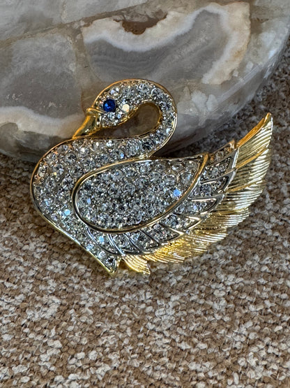 Vintage Park Lane Swan Rhinestone Brooch – Gold Tone with Blue Eye