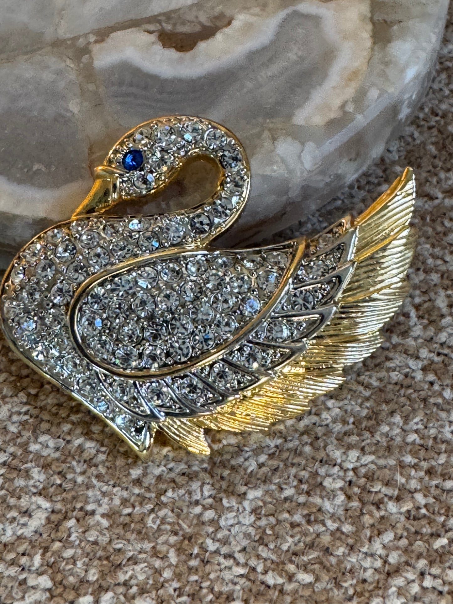 Vintage Park Lane Swan Rhinestone Brooch – Gold Tone with Blue Eye