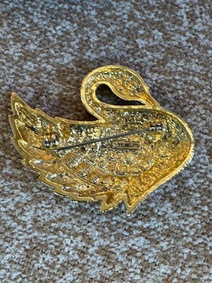 Vintage Park Lane Swan Rhinestone Brooch – Gold Tone with Blue Eye