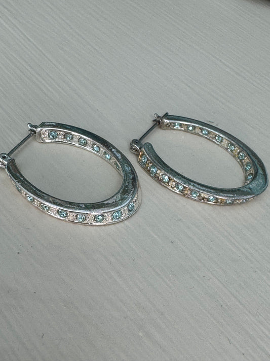 Vintage Aqua Crystal Oval Hoop Earrings