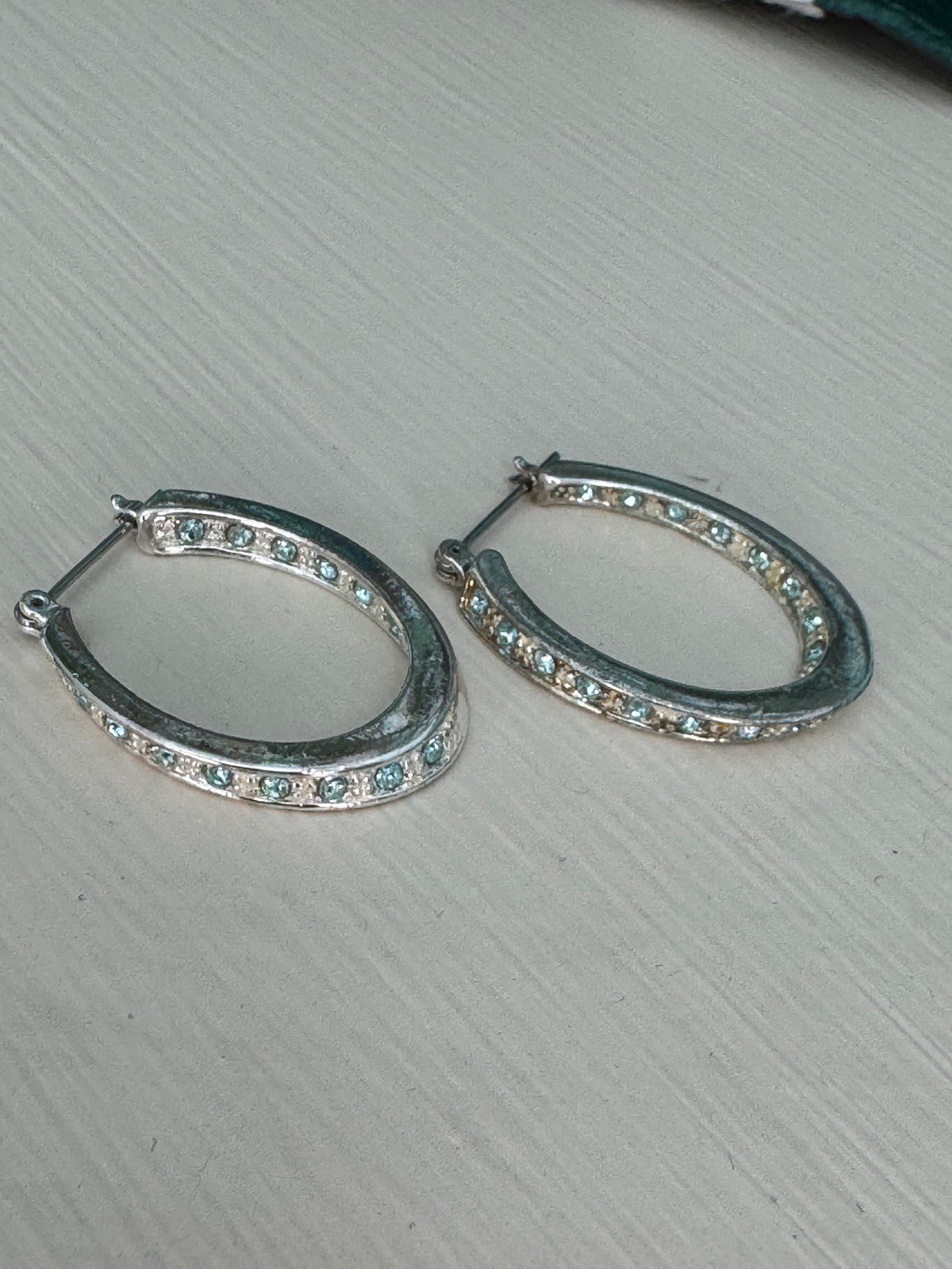Vintage Aqua Crystal Oval Hoop Earrings