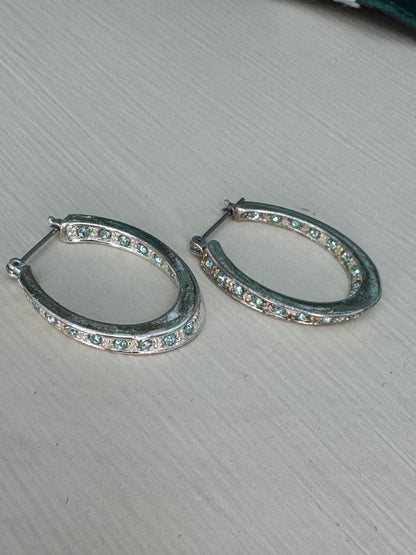 Vintage Aqua Crystal Oval Hoop Earrings