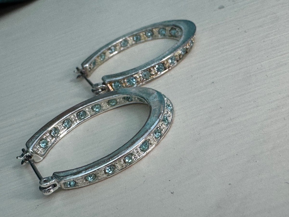 Vintage Aqua Crystal Oval Hoop Earrings