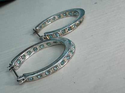 Vintage Aqua Crystal Oval Hoop Earrings