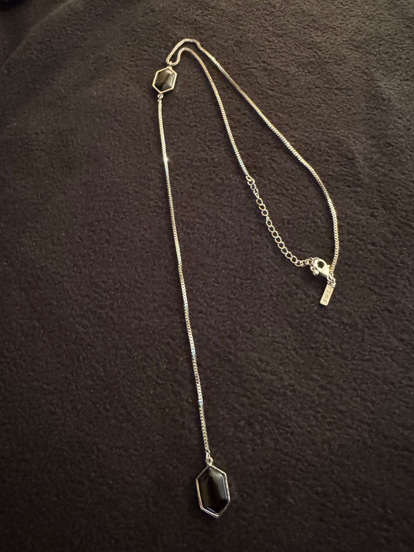 Signed White House Black Market 18" Silver-Tone Lariat Necklace with Black Stone Accents