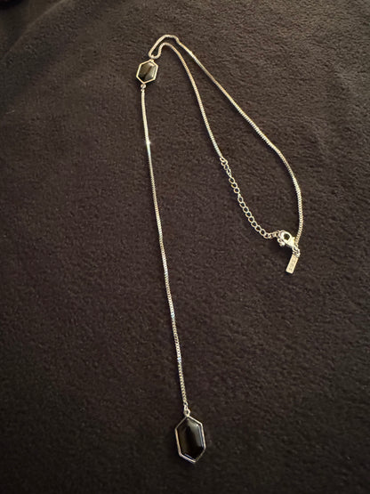 Signed White House Black Market 18" Silver-Tone Lariat Necklace with Black Stone Accents