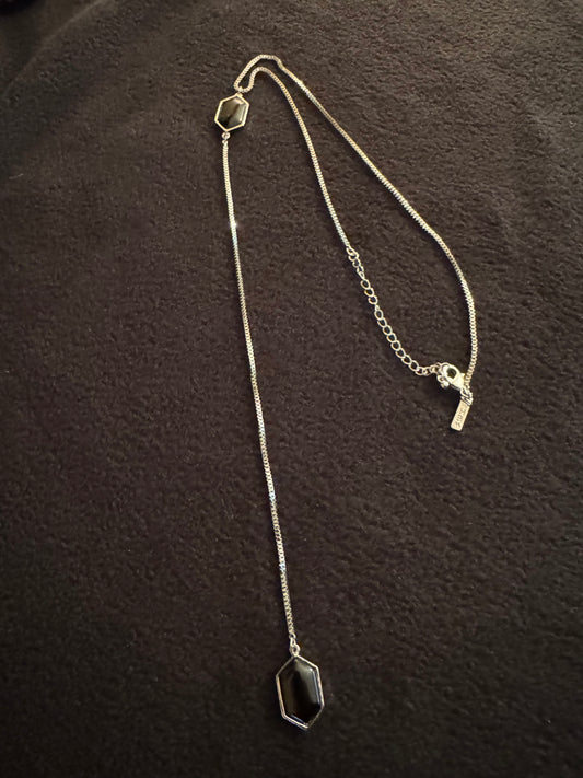 Signed White House Black Market 18" Silver-Tone Lariat Necklace with Black Stone Accents