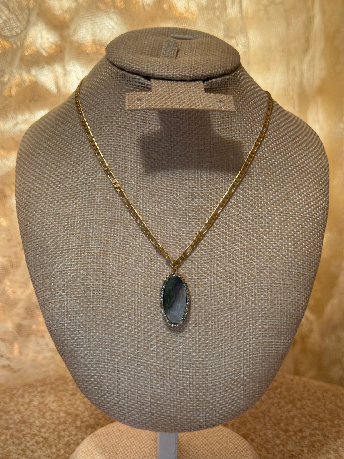 Jane Marie Grey Shell Oval Pendant Necklace with Crystal Border – Signed JM