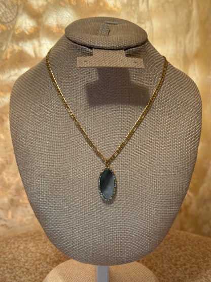 Jane Marie Grey Shell Oval Pendant Necklace with Crystal Border – Signed JM