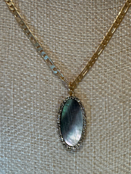 Jane Marie Grey Shell Oval Pendant Necklace with Crystal Border – Signed JM