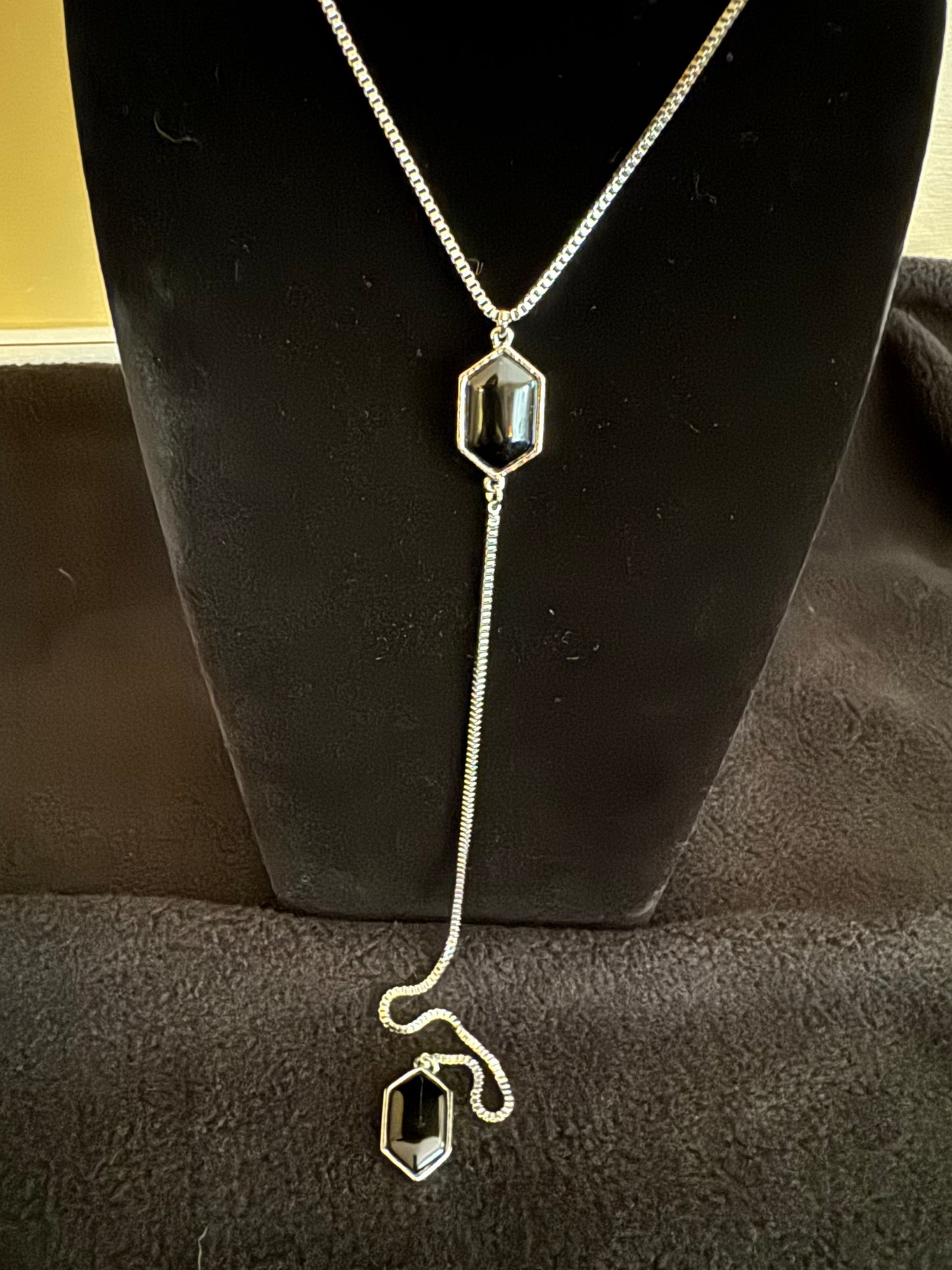 Signed White House Black Market 18" Silver-Tone Lariat Necklace with Black Stone Accents