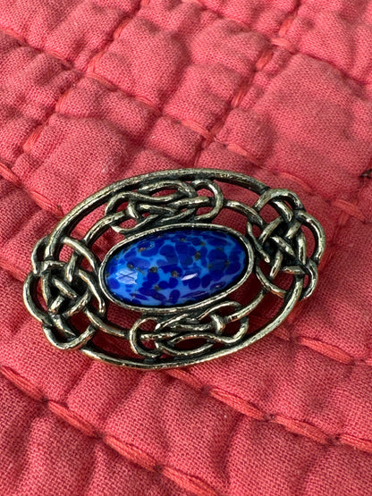 Vintage Signed Miracle Celtic Revival Blue Faux Lapis Brooch