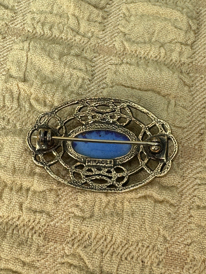 Vintage Signed Miracle Celtic Revival Blue Faux Lapis Brooch
