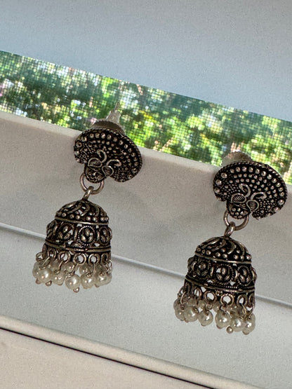 Vintage Oxidized Antique Silver Traditional Jhumka Earrings with White Pearl Beads